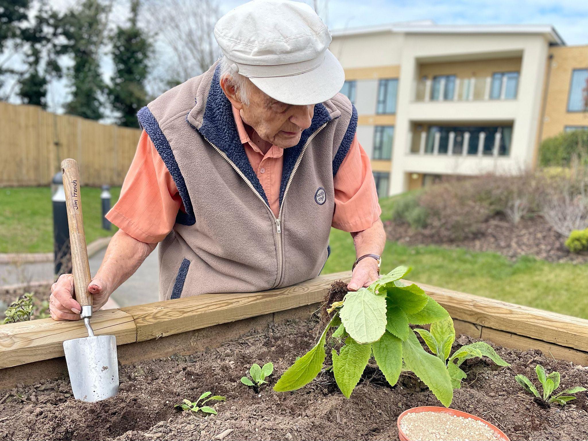 man with dementia gardening